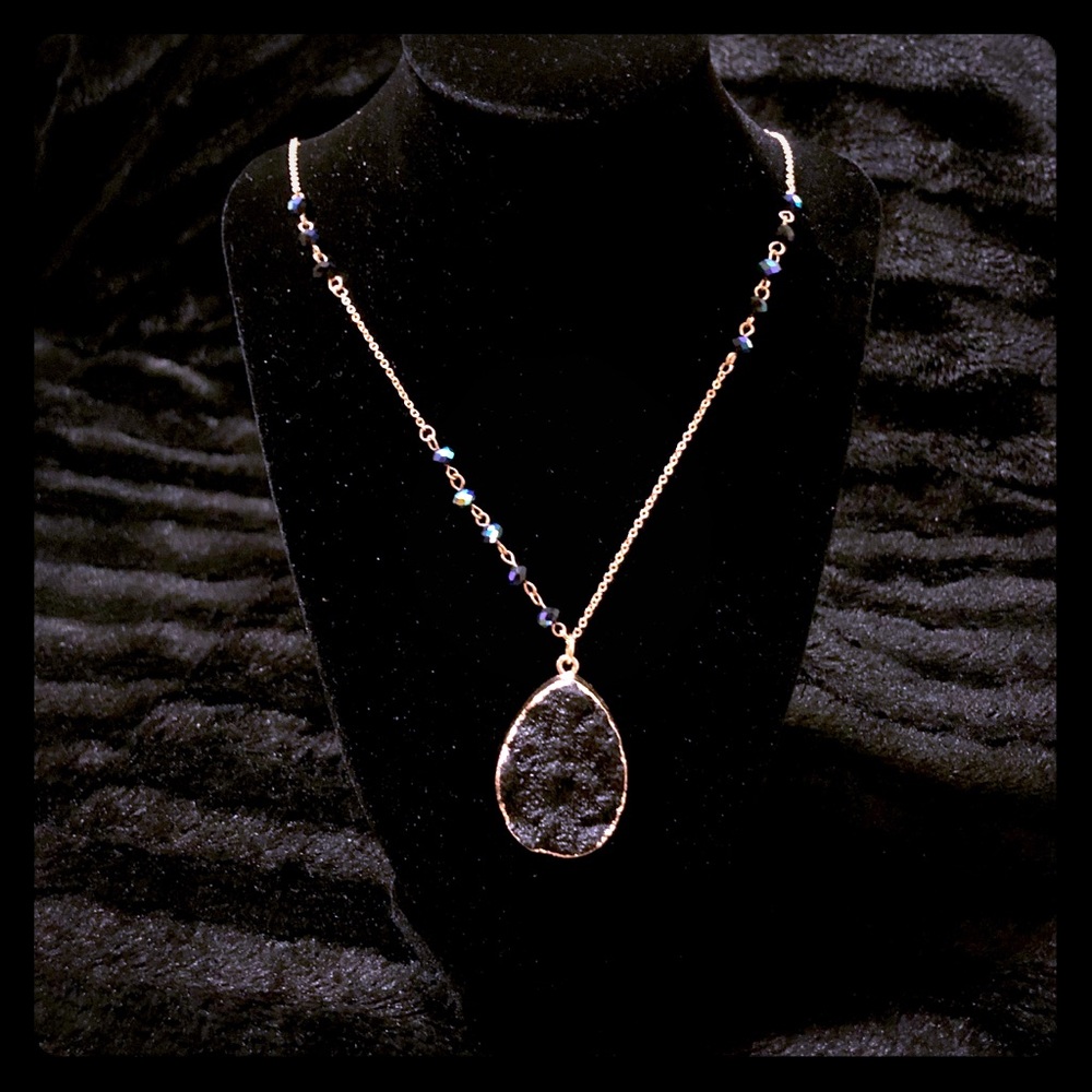 Black druzy quartz and bead necklace